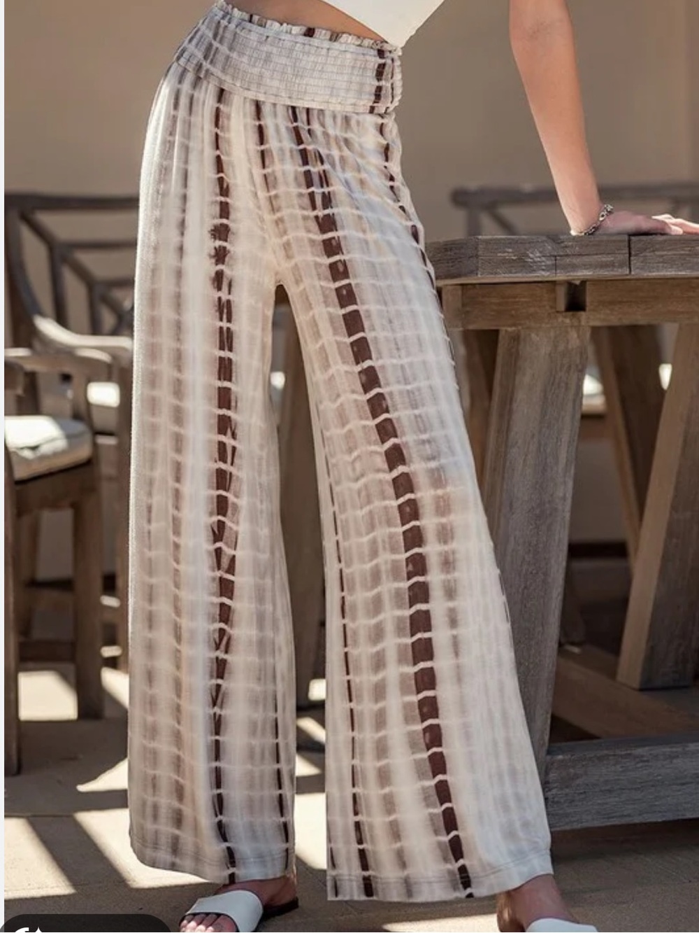La Miel Tie Dye Palazzo Pants Wide Leg Boho Goddess Rayon Brown Ivory L